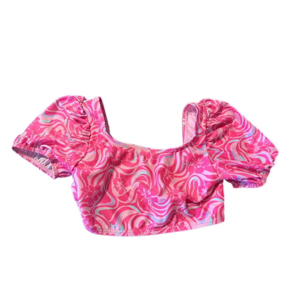 Wonder Nation Bikini Top Kids Size M 7-8 Pink Floral Puff Sleeve Excellent